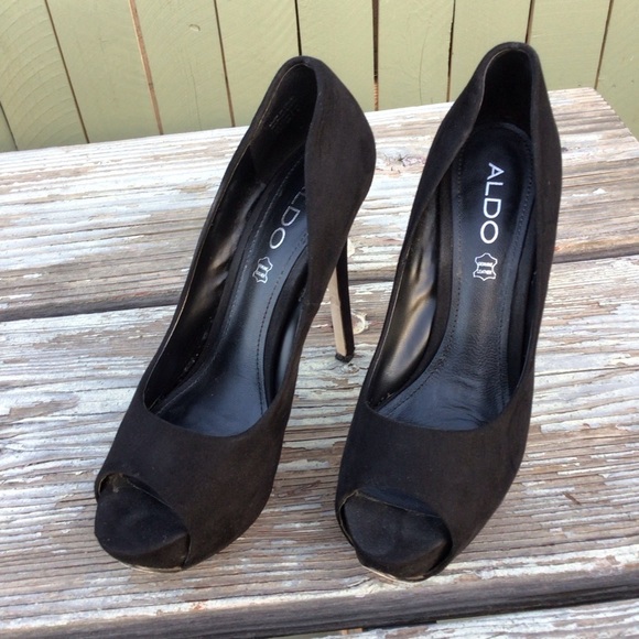 Aldo Black Suede Peep Toe Platf  Stiletto Heels - Picture 8 of 10